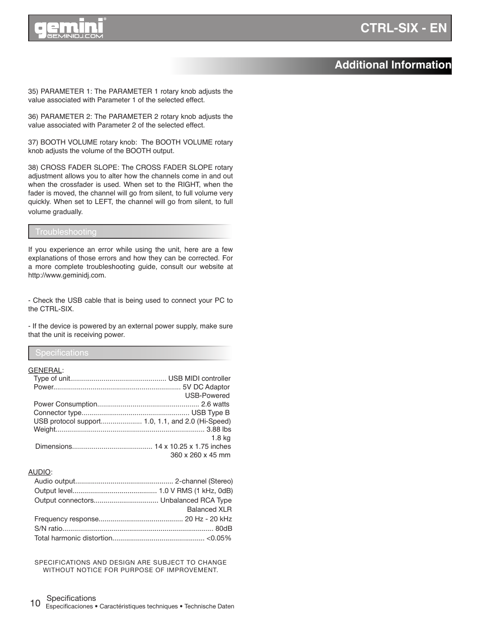 Ctrl-six - en, Additional information | Gemini CTRL-SIX User Manual | Page 10 / 28