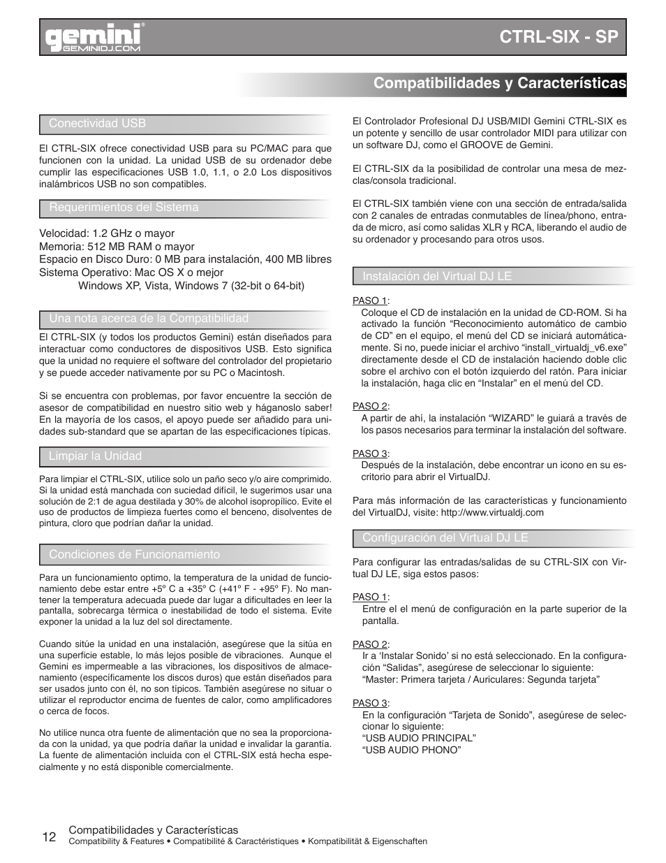 Ctrl-six - sp, Compatibilidades y características | Gemini CTRL-SIX User Manual | Page 12 / 28