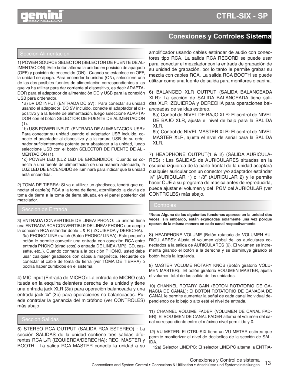 Ctrl-six - sp, Conexiones y controles sistema | Gemini CTRL-SIX User Manual | Page 13 / 28