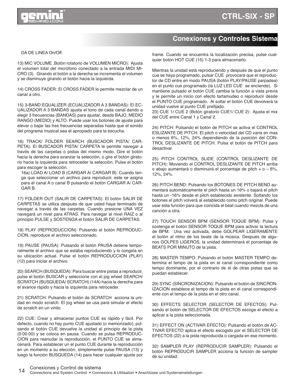 Ctrl-six - sp, Conexiones y controles sistema | Gemini CTRL-SIX User Manual | Page 14 / 28