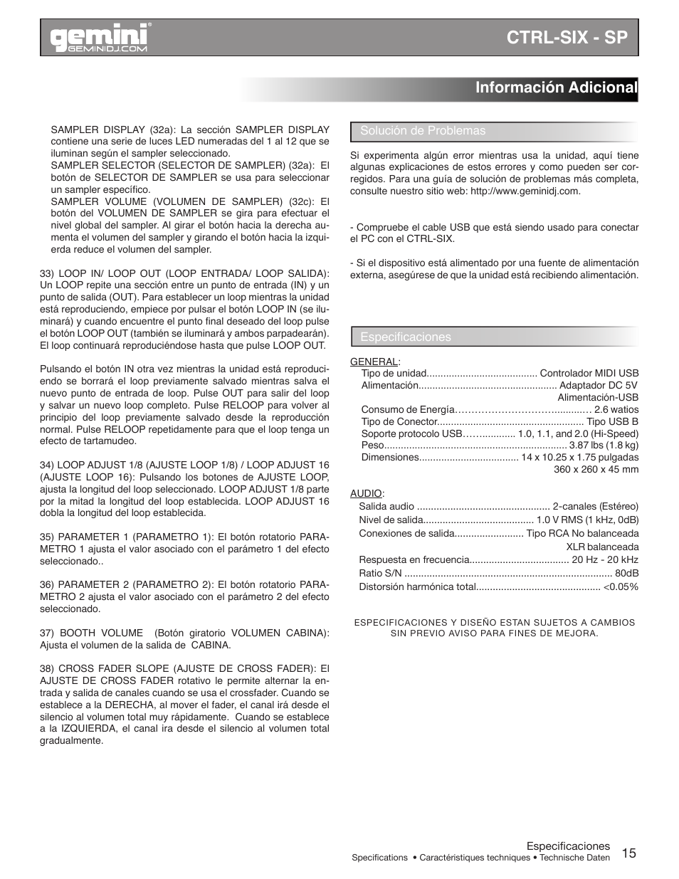 Ctrl-six - sp, Información adicional | Gemini CTRL-SIX User Manual | Page 15 / 28