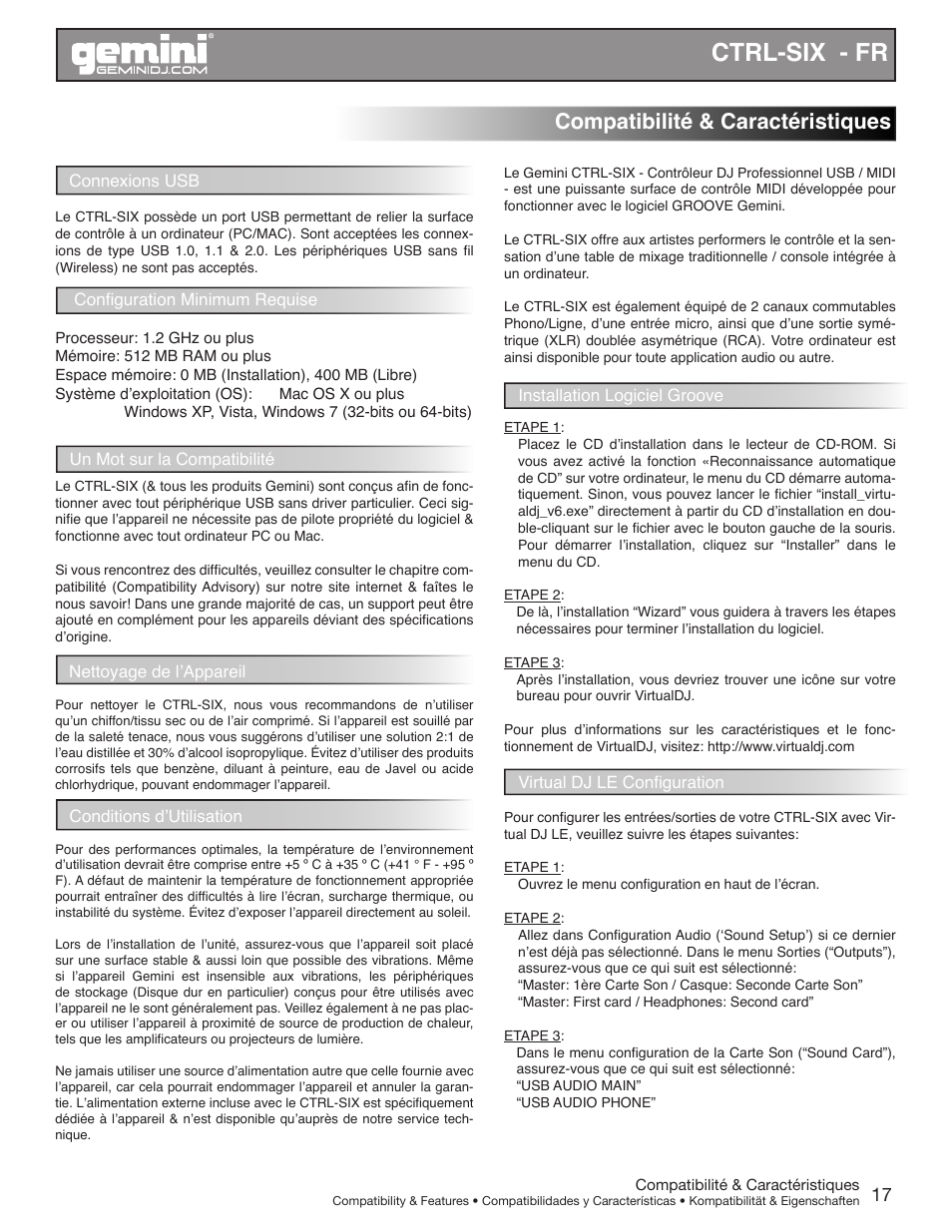 Ctrl-six - fr, Compatibilité & caractéristiques | Gemini CTRL-SIX User Manual | Page 17 / 28