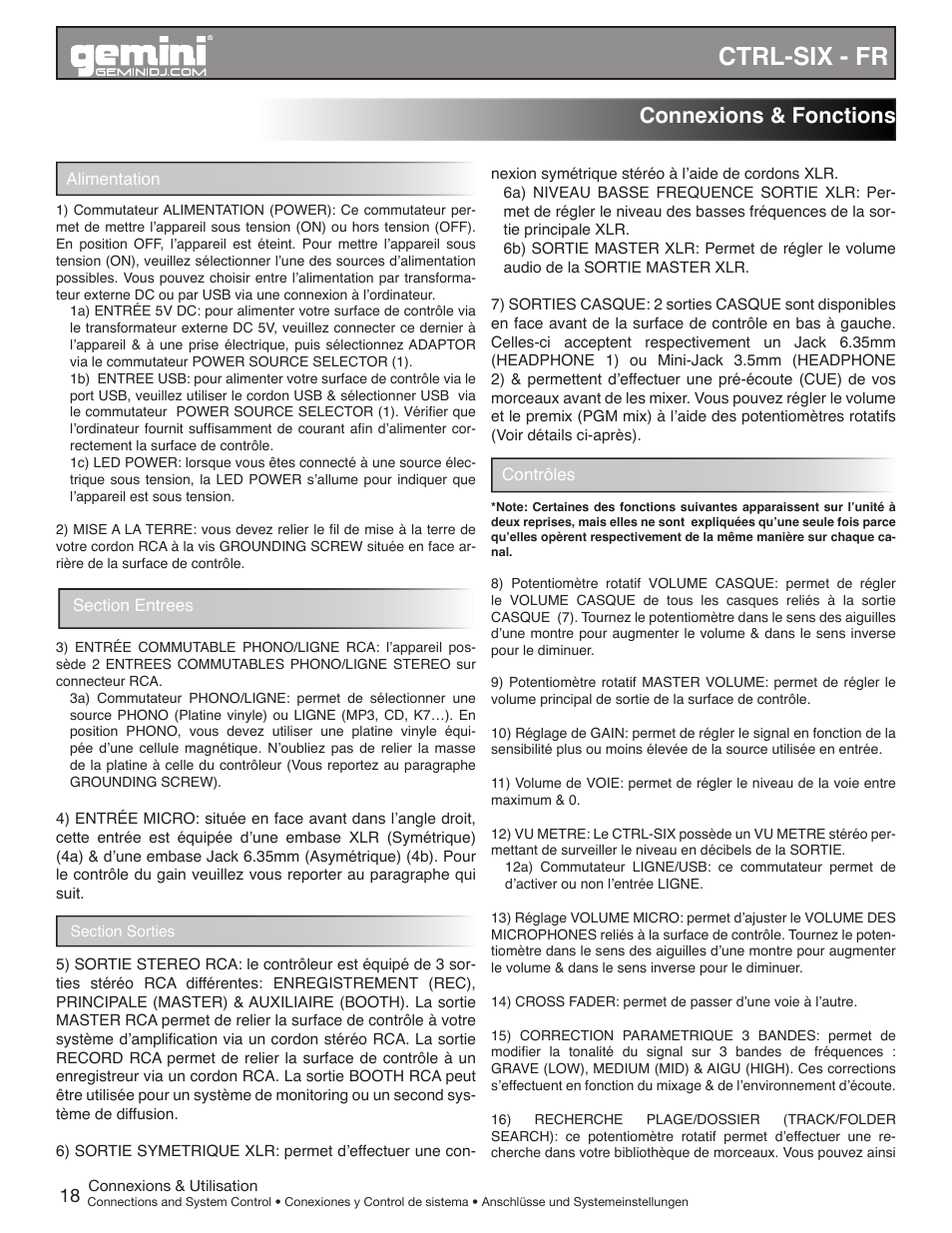 Ctrl-six - fr, Connexions & fonctions | Gemini CTRL-SIX User Manual | Page 18 / 28
