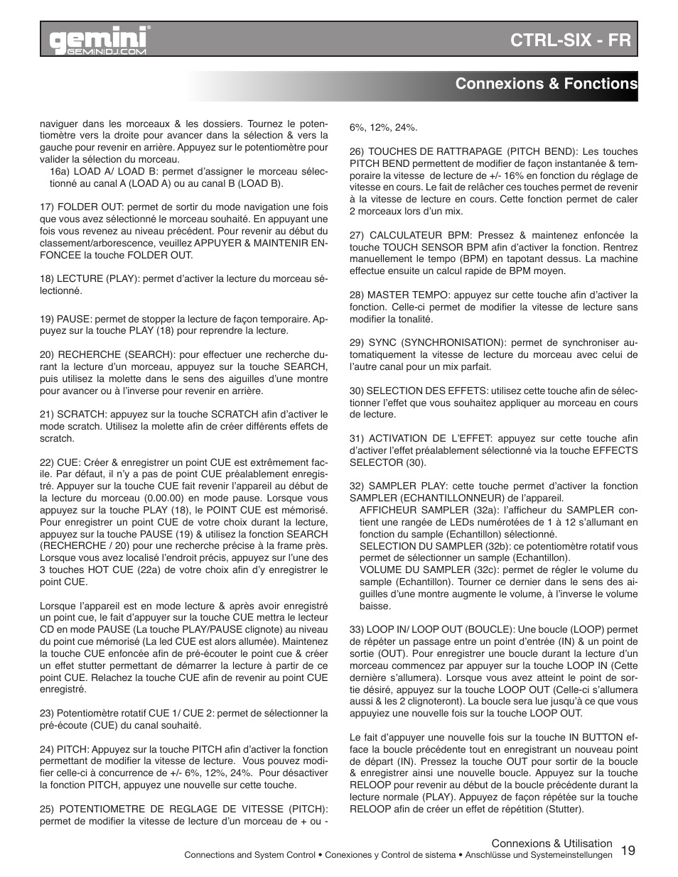 Ctrl-six - fr, Connexions & fonctions | Gemini CTRL-SIX User Manual | Page 19 / 28