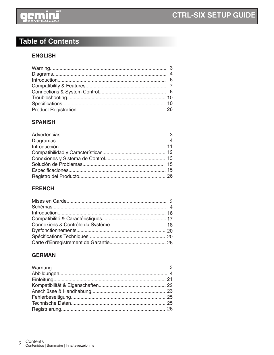 Ctrl-six setup guide table of contents | Gemini CTRL-SIX User Manual | Page 2 / 28