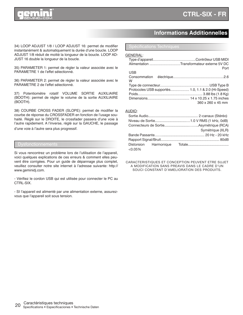 Ctrl-six - fr, Informations additionnelles | Gemini CTRL-SIX User Manual | Page 20 / 28