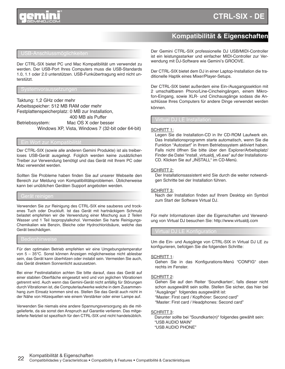 Ctrl-six - de, Kompatibilität & eigenschaften | Gemini CTRL-SIX User Manual | Page 22 / 28