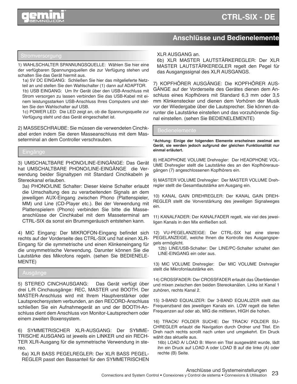 Ctrl-six - de, Anschlüsse und bedienelemente | Gemini CTRL-SIX User Manual | Page 23 / 28