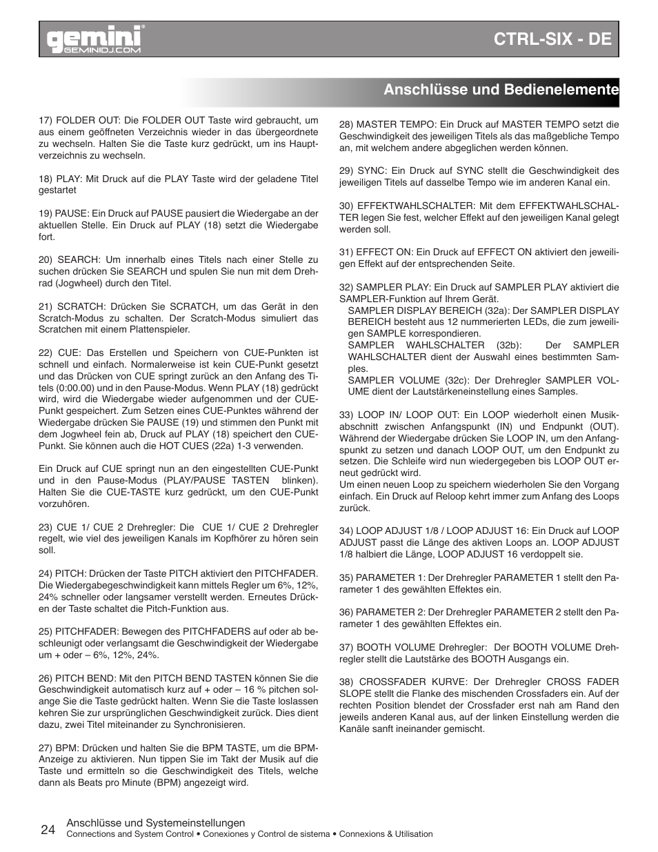 Ctrl-six - de, Anschlüsse und bedienelemente | Gemini CTRL-SIX User Manual | Page 24 / 28