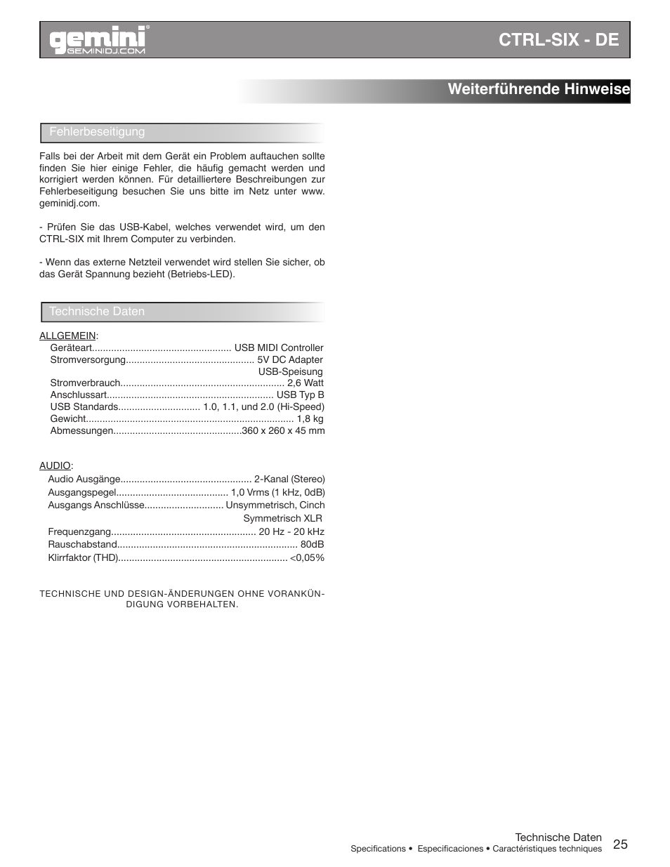 Ctrl-six - de, Weiterführende hinweise | Gemini CTRL-SIX User Manual | Page 25 / 28