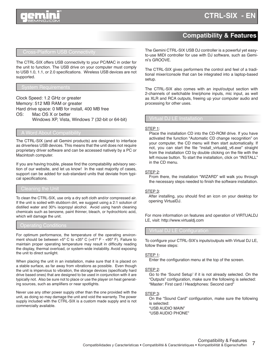 Ctrl-six - en, Compatibility & features | Gemini CTRL-SIX User Manual | Page 7 / 28