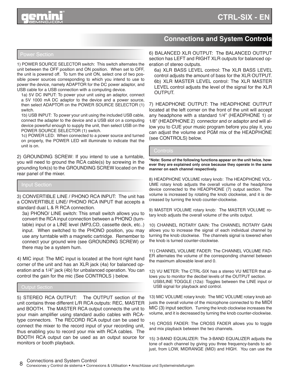 Ctrl-six - en, Connections and system controls | Gemini CTRL-SIX User Manual | Page 8 / 28