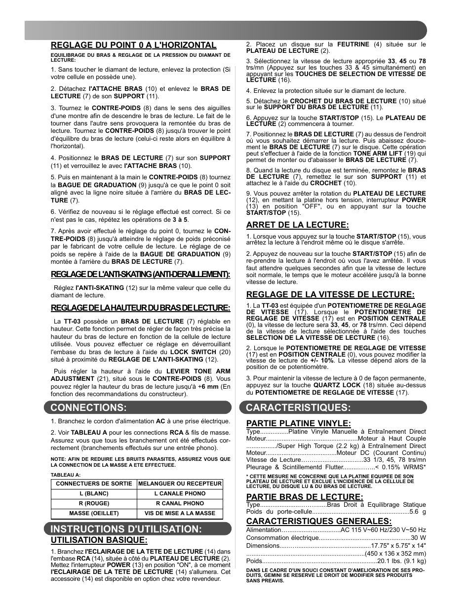 Reglage du point 0 a l'horizontal, Reglage de l'anti-skating (anti-deraillement), Reglage de lahauteur du bras de lecture | Utilisation basique, Arret de la lecture, Reglage de la vitesse de lecture, Partie platine vinyle, Partie bras de lecture, Caracteristiques generales | Gemini TT-03 User Manual | Page 11 / 12