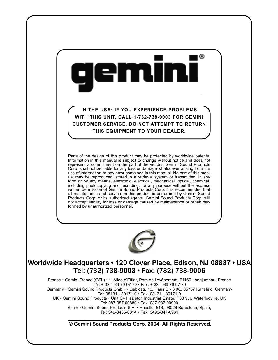 Gemini TT-03 User Manual | Page 12 / 12