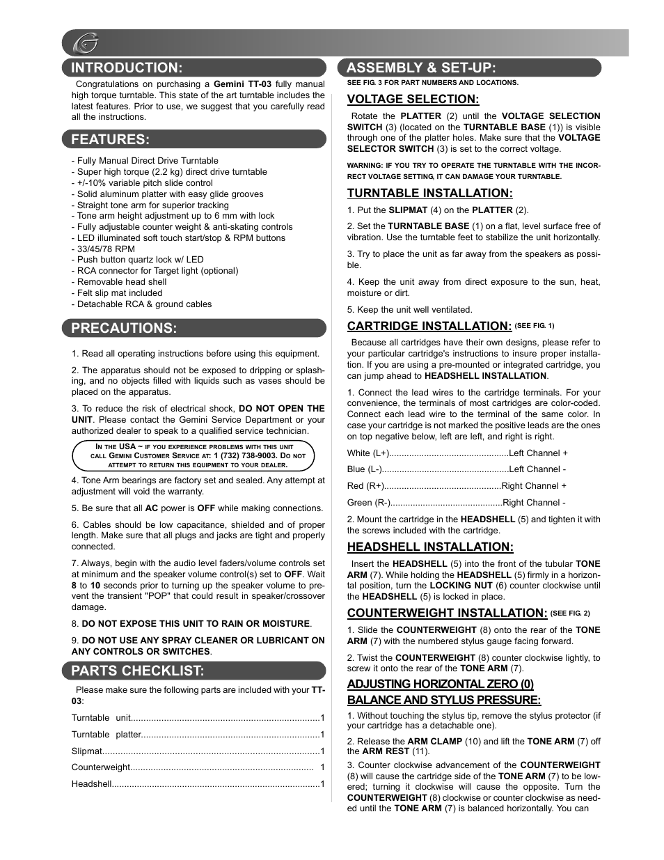 Introduction: features: precautions, Parts checklist: assembly & set-up, Voltage selection | Turntable installation, Cartridge installation, Headshell installation, Counterweight installation | Gemini TT-03 User Manual | Page 4 / 12