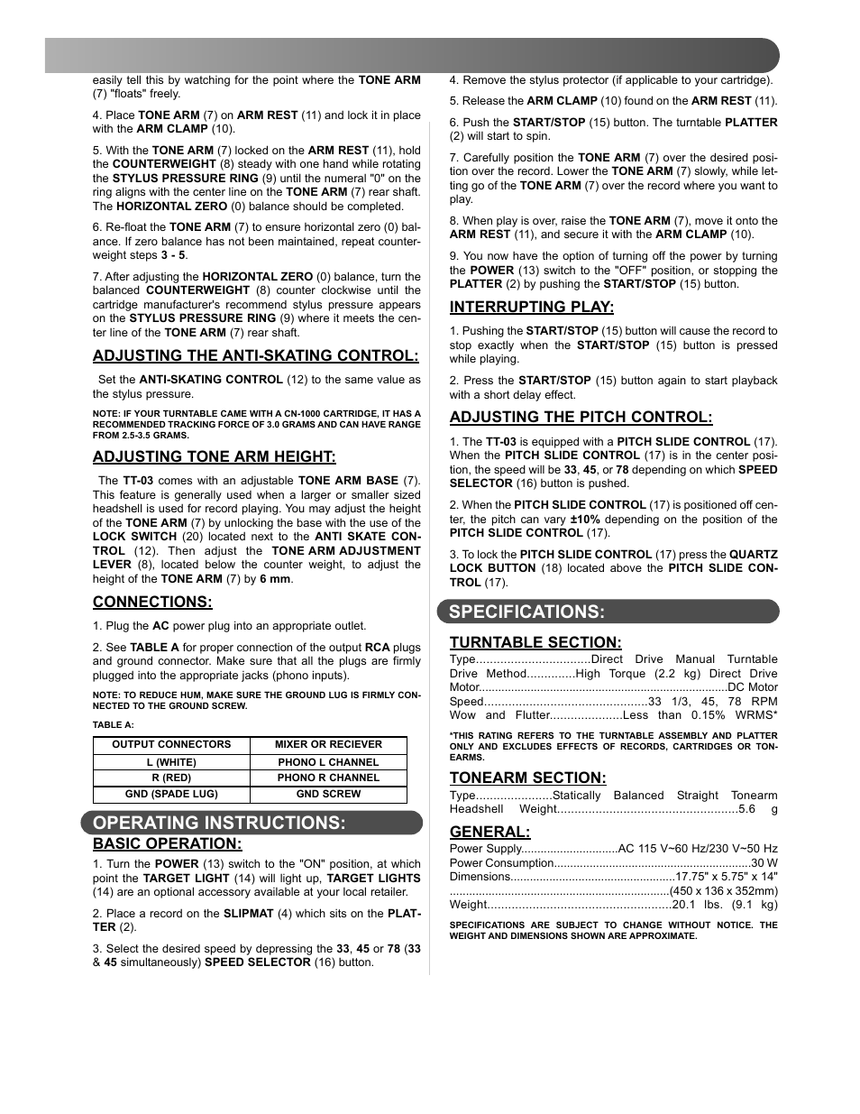 Operating instructions: specifications | Gemini TT-03 User Manual | Page 5 / 12