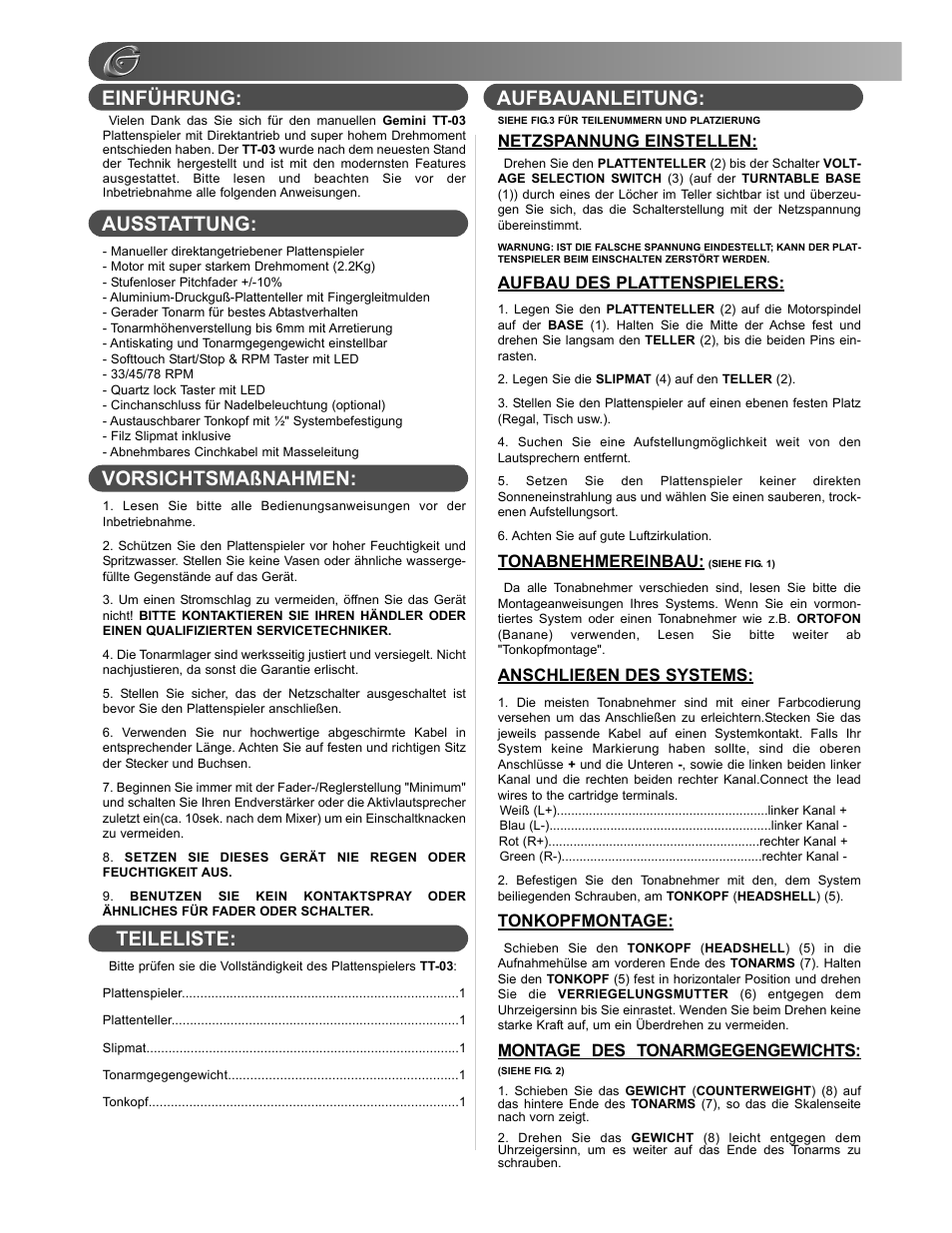 Netzspannung einstellen, Aufbau des plattenspielers, Tonabnehmereinbau | Anschließen des systems, Tonkopfmontage, Montage des tonarmgegengewichts | Gemini TT-03 User Manual | Page 6 / 12