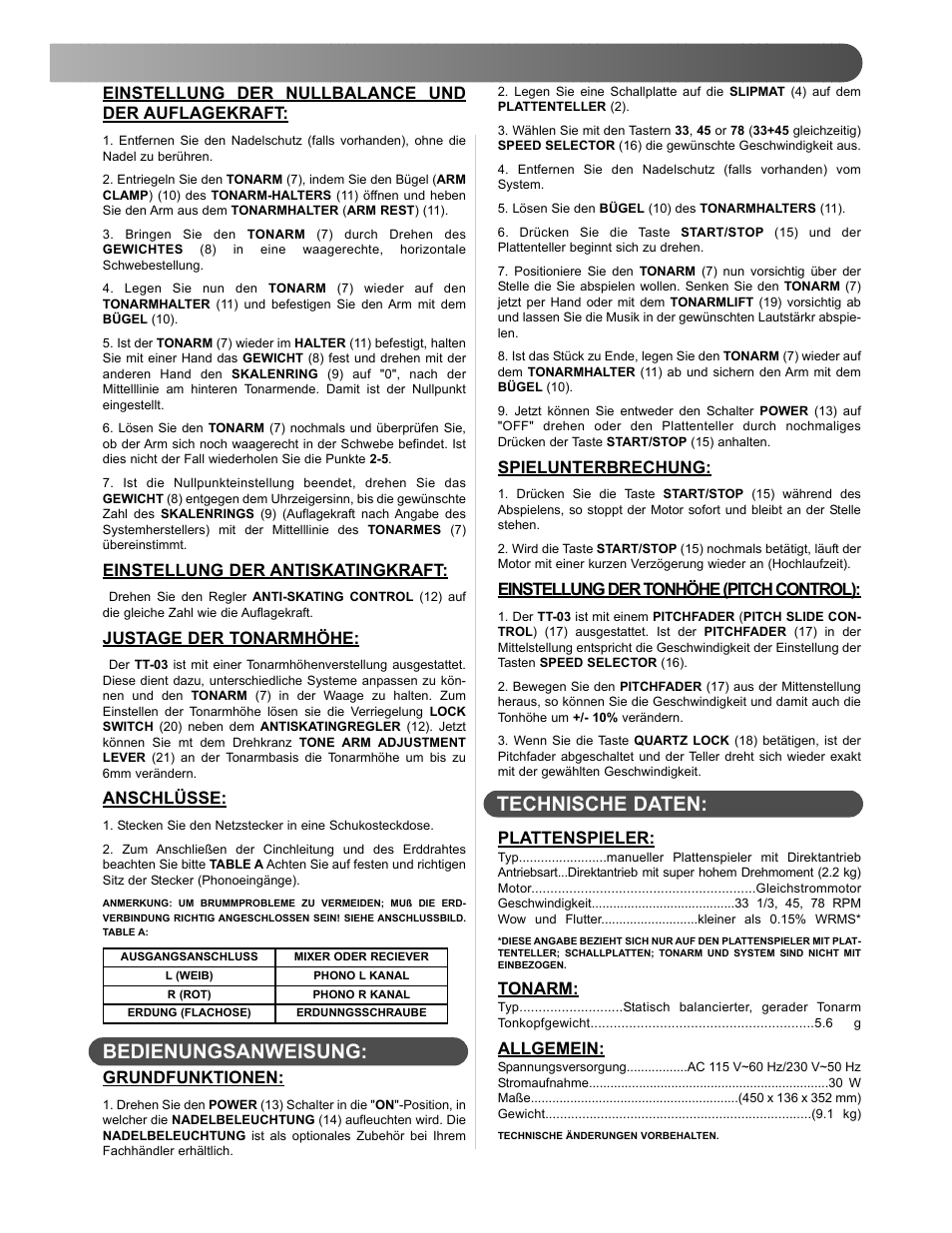 Bedienungsanweisung, Technische daten | Gemini TT-03 User Manual | Page 7 / 12