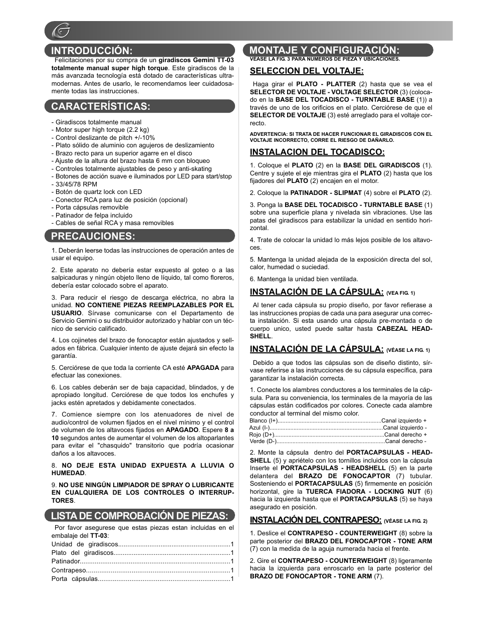 Seleccion del voltaje, Instalacion del tocadisco, Instalación de la cápsula | Instalación del contrapeso | Gemini TT-03 User Manual | Page 8 / 12