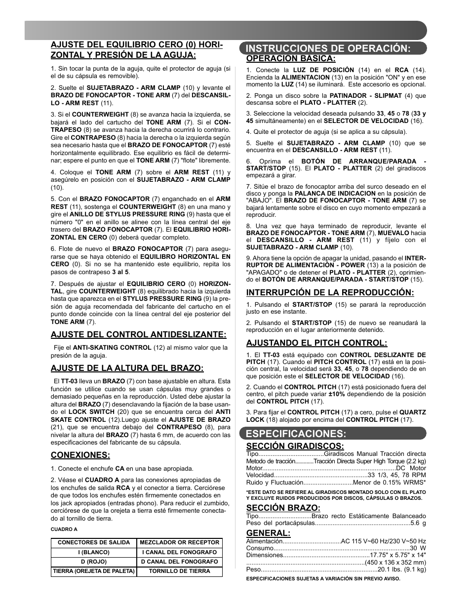 Especificaciones: instrucciones de operación | Gemini TT-03 User Manual | Page 9 / 12