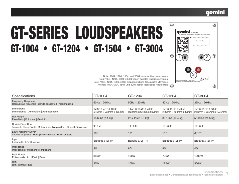 Gemini LOUDSPEAKERS GT-1504 User Manual | 4 pages