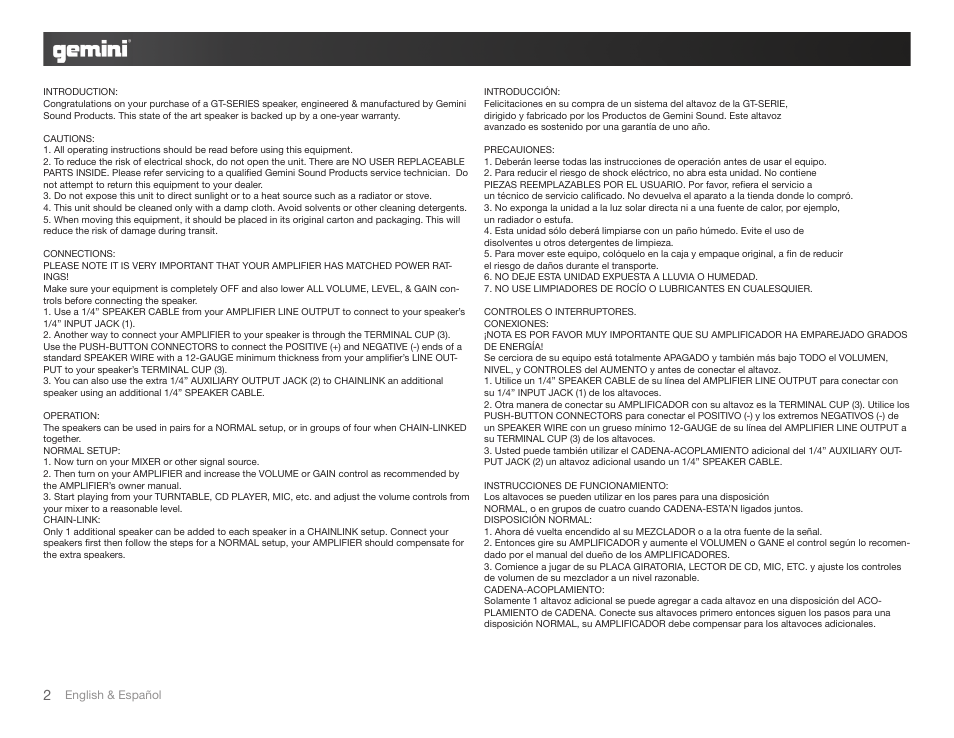 Gemini LOUDSPEAKERS GT-1504 User Manual | Page 2 / 4