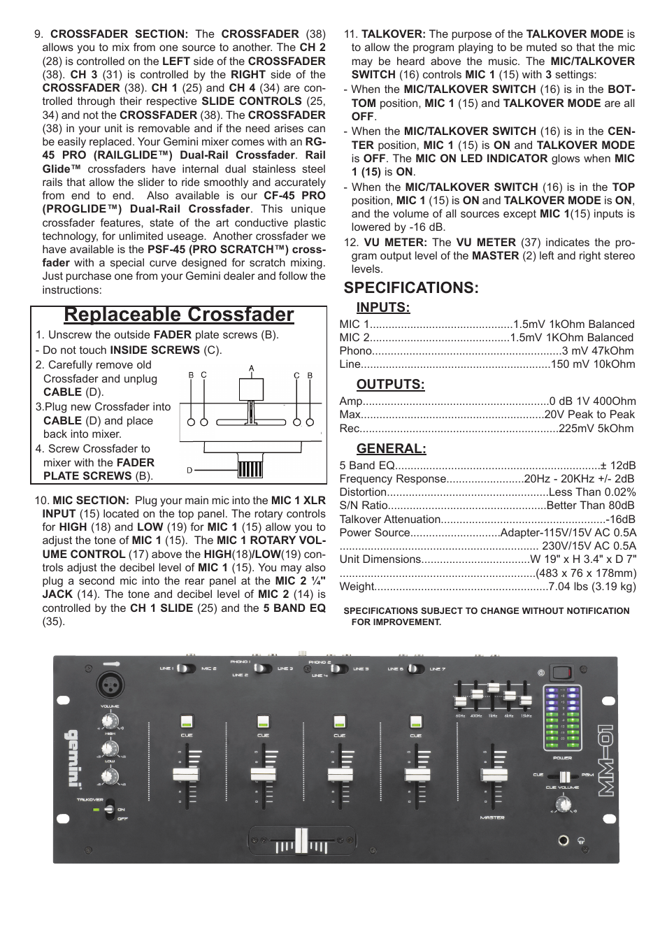 Replaceable crossfader, Specifications | Gemini MM-01 4U 19" User Manual | Page 5 / 12