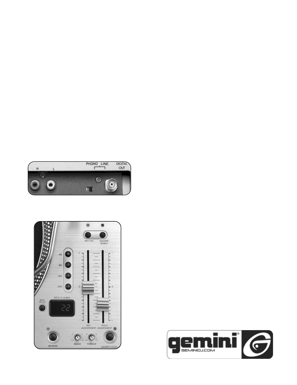 Specifications, Arm-lift height adjustment, Brake and torque controls | Output jacks | Gemini PDT-6000 User Manual | Page 6 / 16
