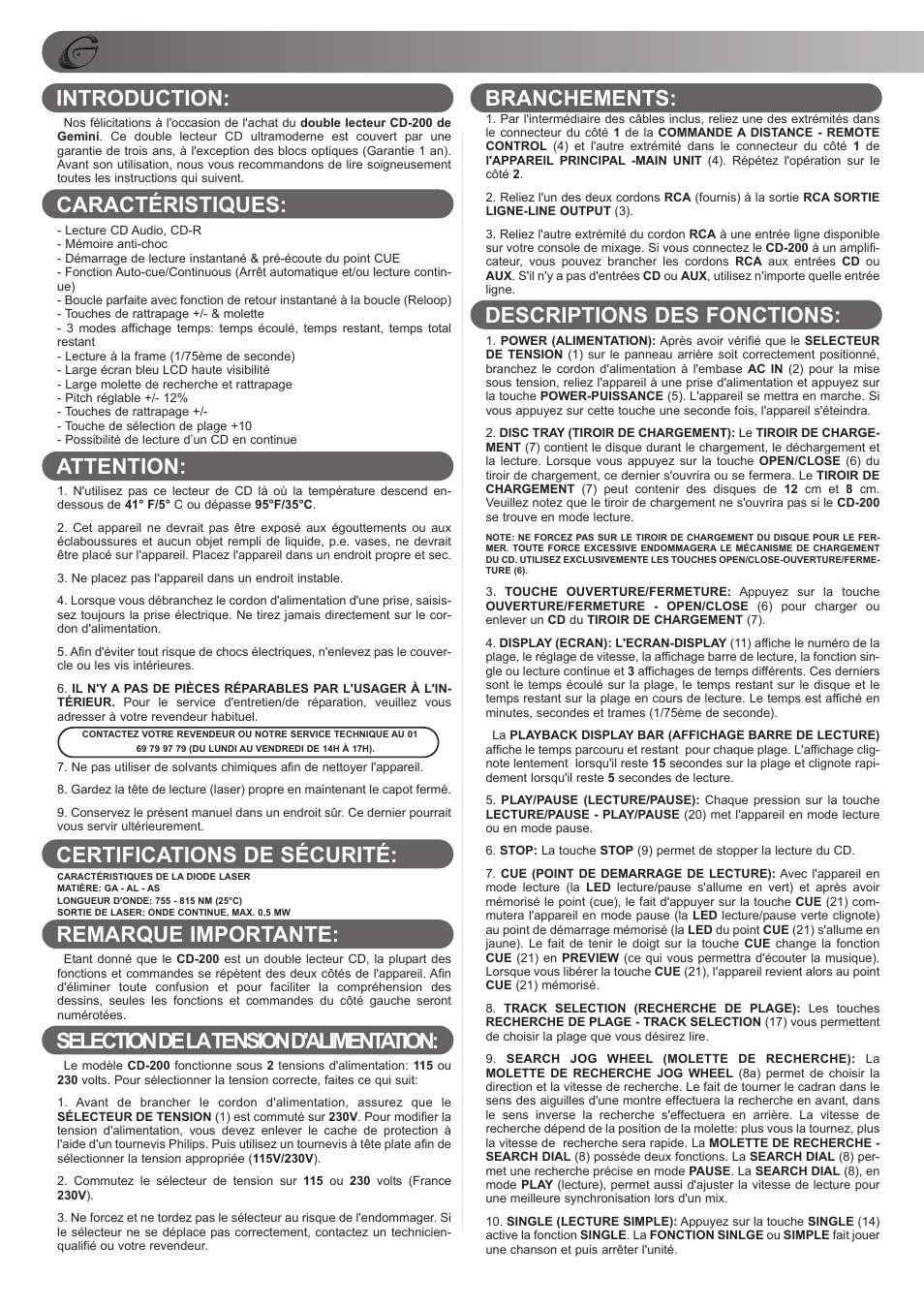 Branchements: descriptions des fonctions | Gemini CD-200 User Manual | Page 10 / 12