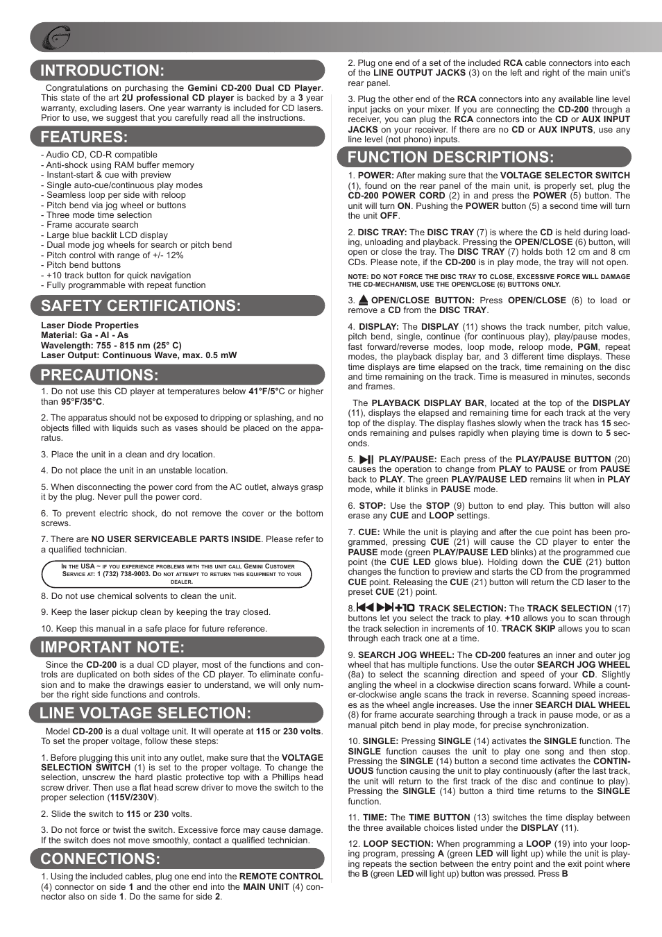 Introduction: features: precautions | Gemini CD-200 User Manual | Page 4 / 12