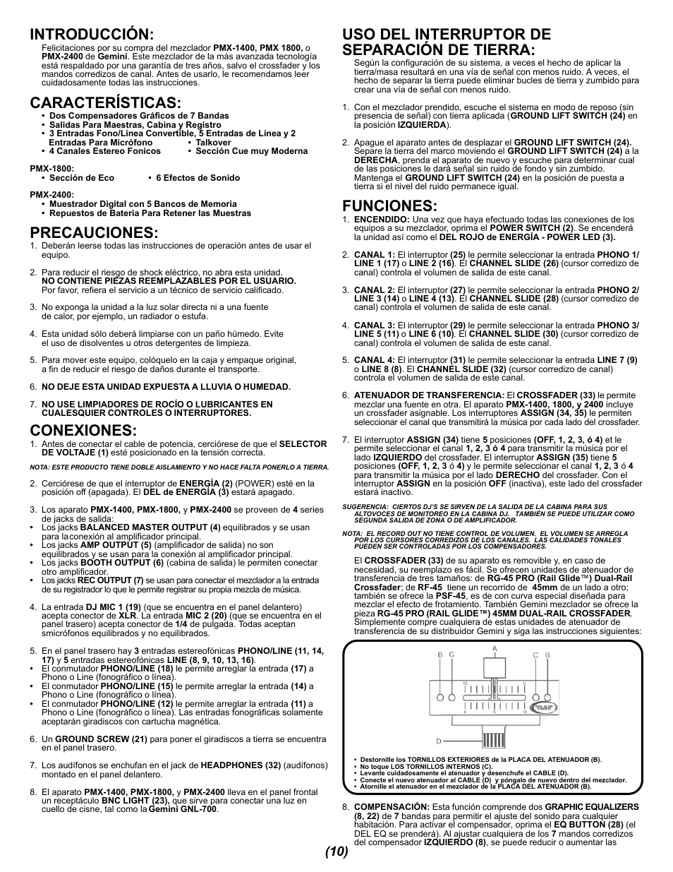 Introducción, Características, Precauciones | Conexiones, Uso del interruptor de separación de tierra, Funciones | Gemini PMX-1400 User Manual | Page 10 / 16