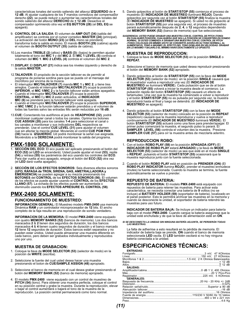 Pmx-1800 solamente, Pmx-2400 solamente, Especificaciones técnicas | Gemini PMX-1400 User Manual | Page 11 / 16