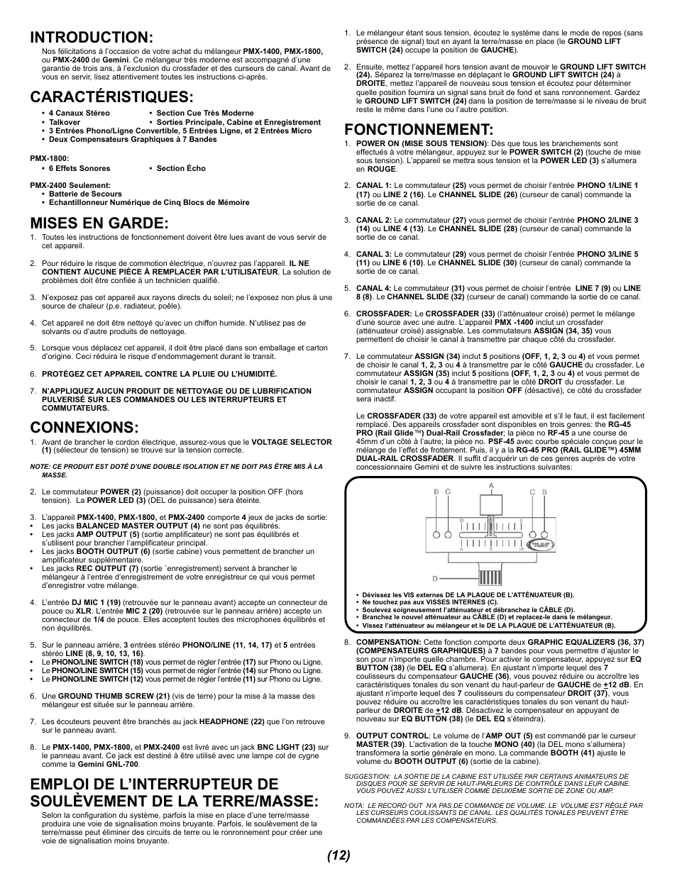 Introduction, Caractéristiques, Mises en garde | Connexions, Fonctionnement | Gemini PMX-1400 User Manual | Page 12 / 16