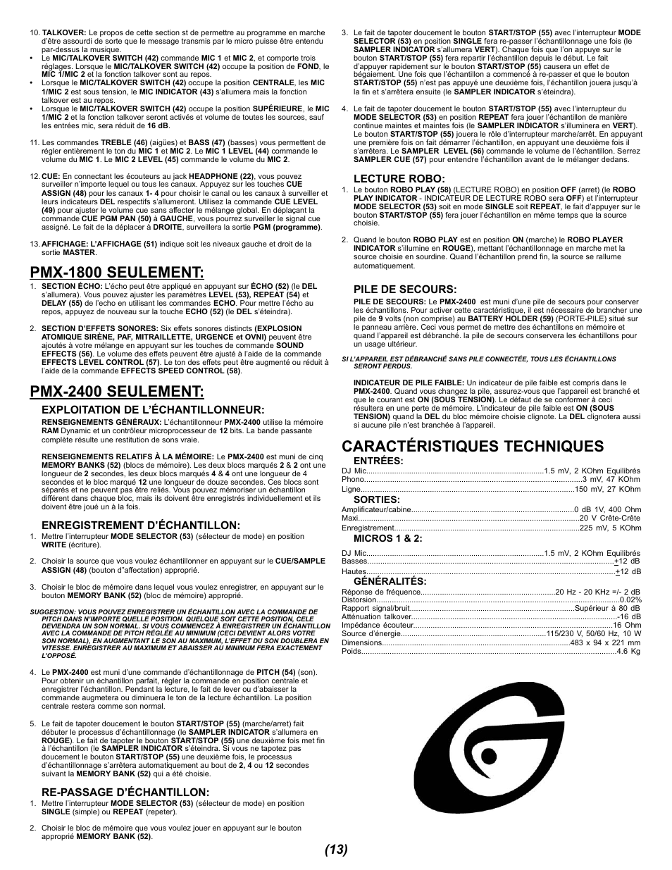 Pmx-1800 seulement, Pmx-2400 seulement, Caractéristiques techniques | Exploitation de l’échantillonneur, Enregistrement d’échantillon, Re-passage d’échantillon, Lecture robo, Pile de secours | Gemini PMX-1400 User Manual | Page 13 / 16