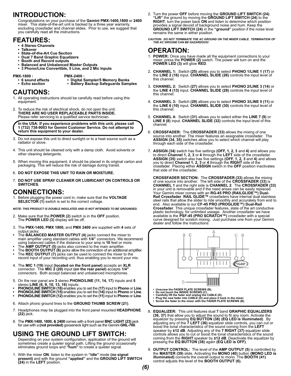 Introduction, Features, Cautions | Connections, Using the ground lift switch, Operation | Gemini PMX-1400 User Manual | Page 6 / 16
