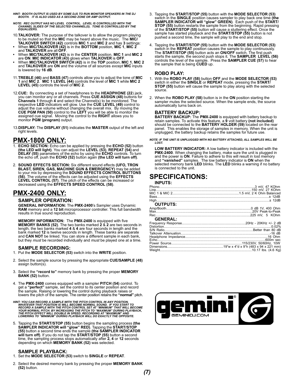 Pmx-1800 only, Pmx-2400 only, Specifications | Gemini PMX-1400 User Manual | Page 7 / 16