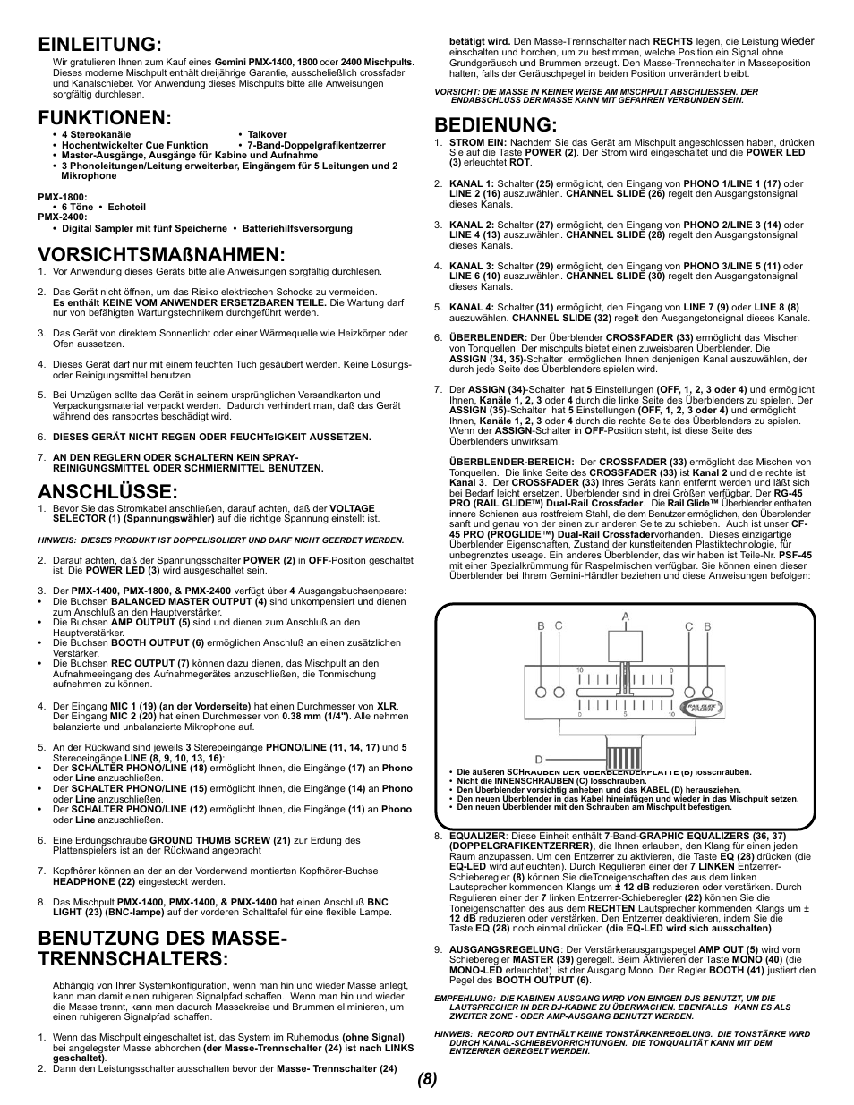 Einleitung, Funktionen, Vorsichtsmaßnahmen | Anschlüsse, Benutzung des masse- trennschalters, Bedienung | Gemini PMX-1400 User Manual | Page 8 / 16