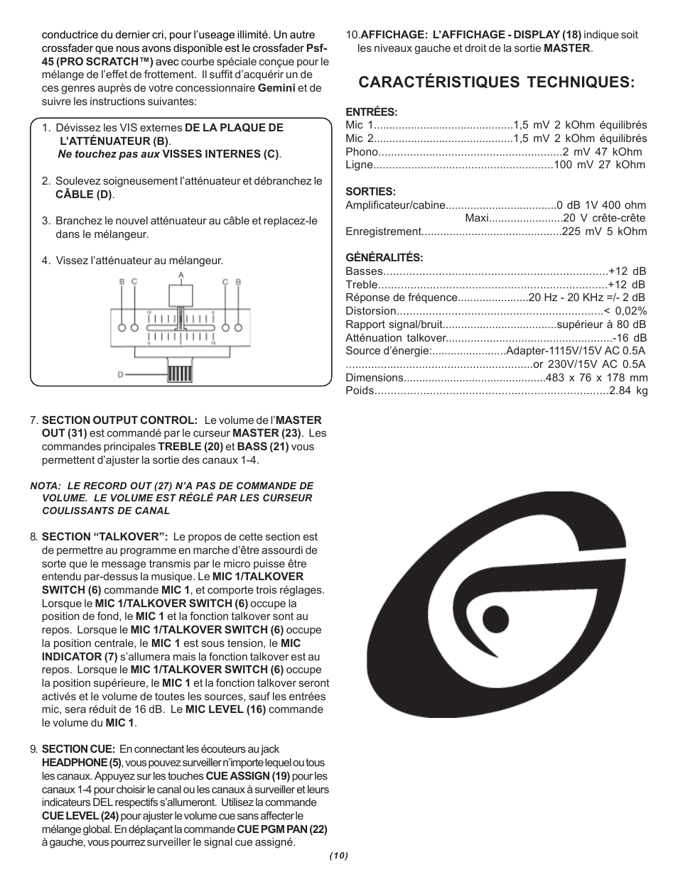 Caractéristiques techniques | Gemini PMX-1100 User Manual | Page 10 / 12