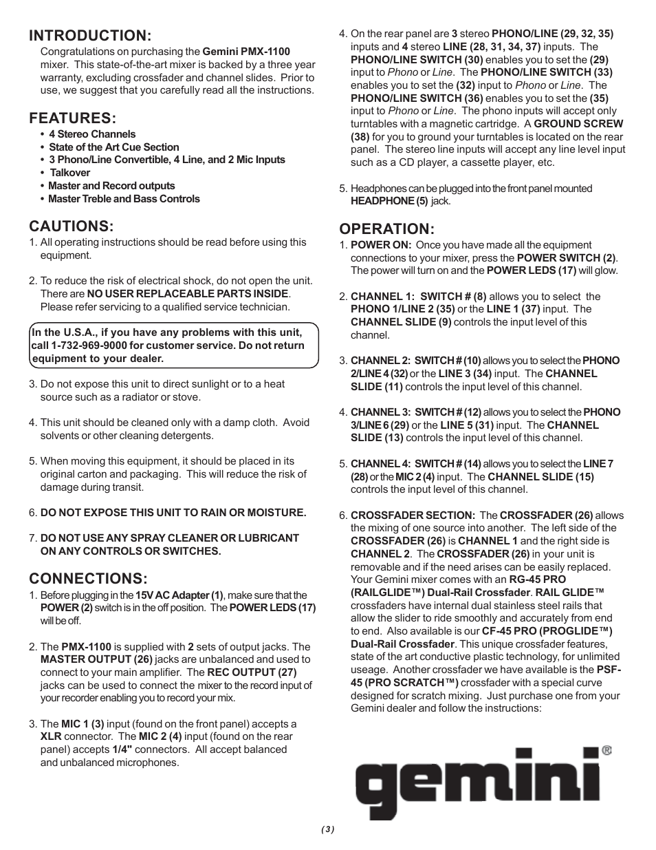 Operation, Introduction, Features | Cautions, Connections | Gemini PMX-1100 User Manual | Page 3 / 12