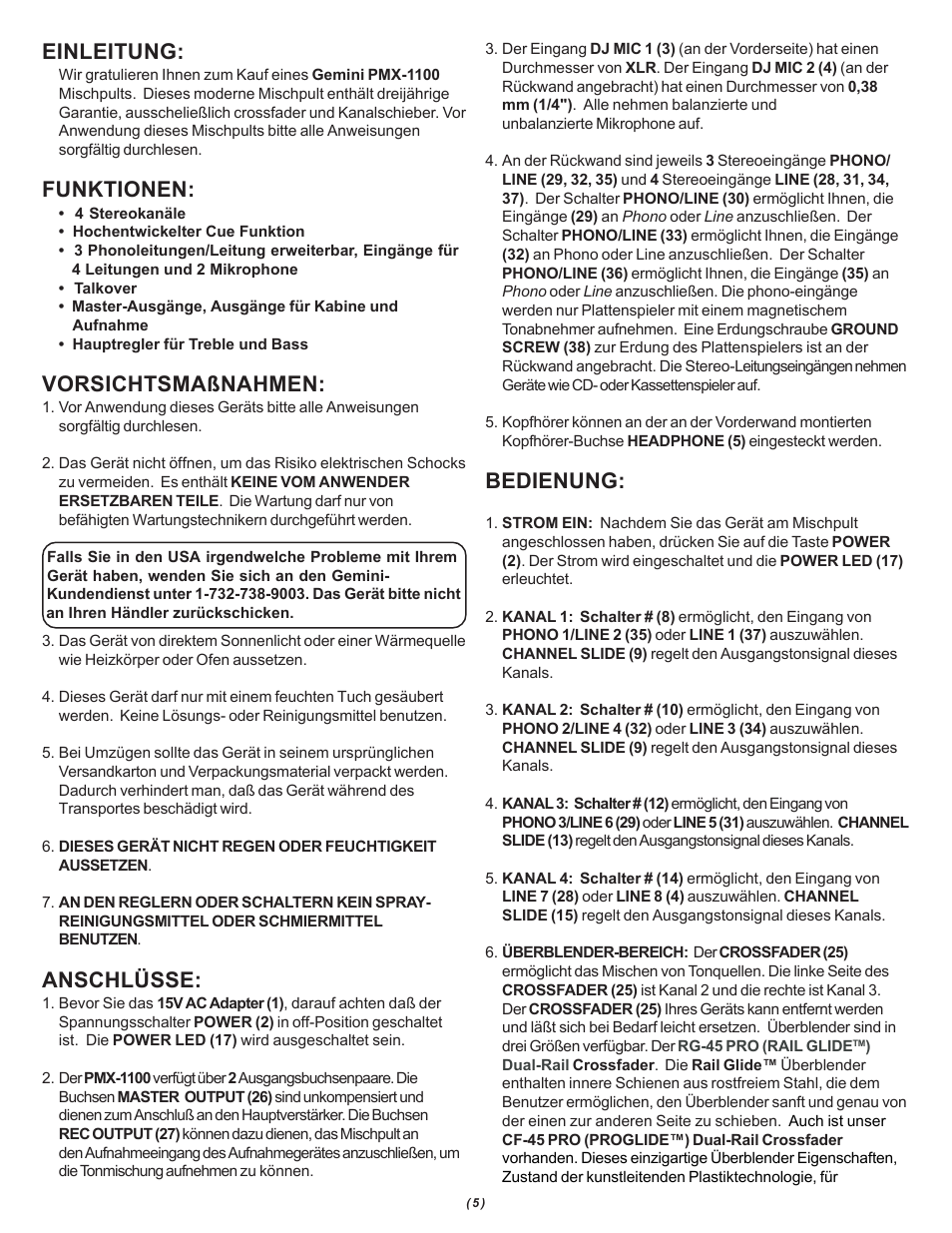 Einleitung, Funktionen, Vorsichtsmaßnahmen | Anschlüsse, Bedienung | Gemini PMX-1100 User Manual | Page 5 / 12