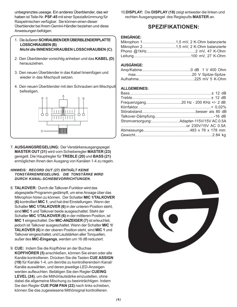 Spezifikationen | Gemini PMX-1100 User Manual | Page 6 / 12