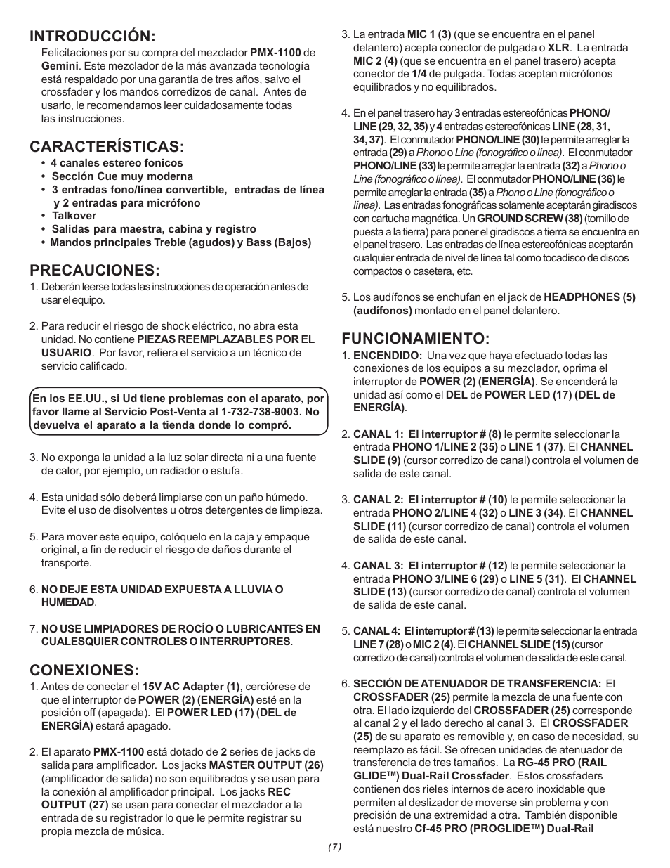 Introducción, Características, Precauciones | Conexiones, Funcionamiento | Gemini PMX-1100 User Manual | Page 7 / 12