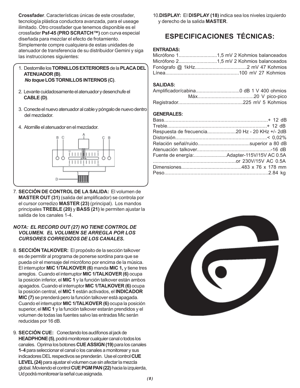 Especificaciones técnicas | Gemini PMX-1100 User Manual | Page 8 / 12