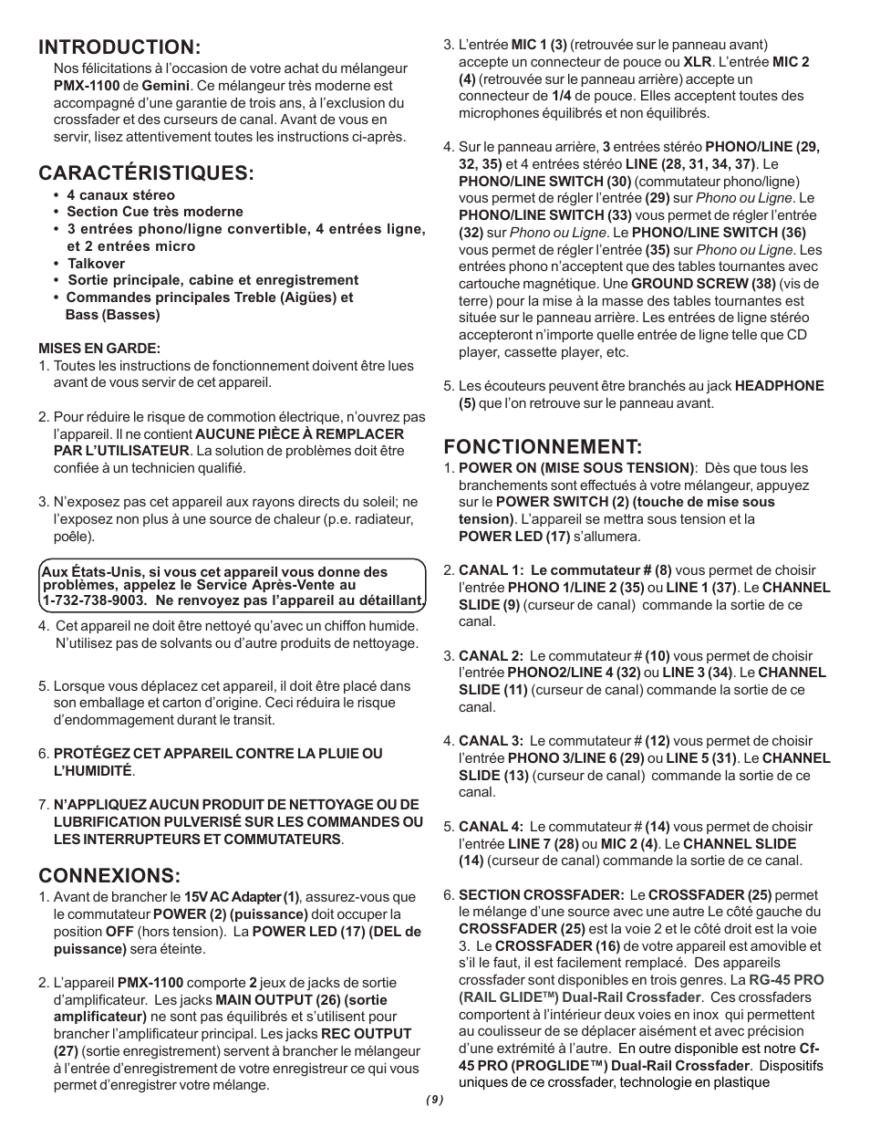 Introduction, Caractéristiques, Connexions | Fonctionnement | Gemini PMX-1100 User Manual | Page 9 / 12