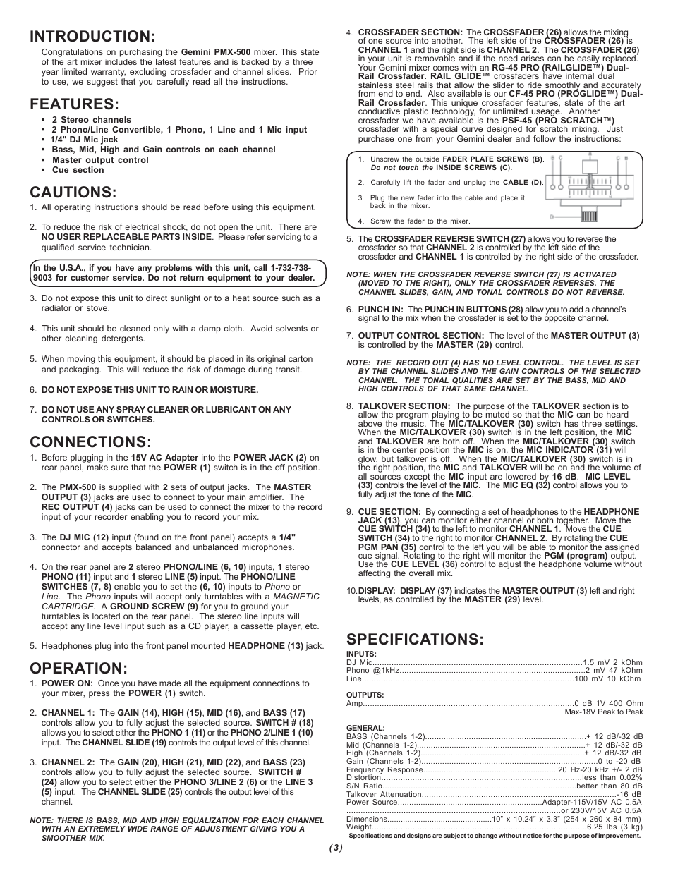 Introduction, Features, Cautions | Connections, Operation, Specifications | Gemini PMX-500 User Manual | Page 3 / 8