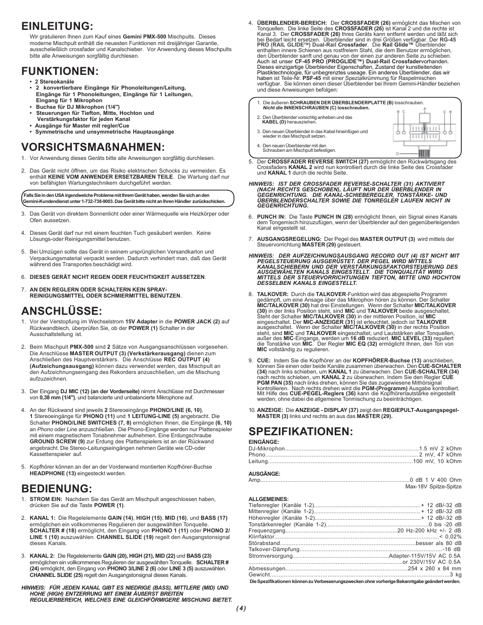 Spezifikationen, Einleitung, Funktionen | Vorsichtsmaßnahmen, Anschlüsse, Bedienung | Gemini PMX-500 User Manual | Page 4 / 8