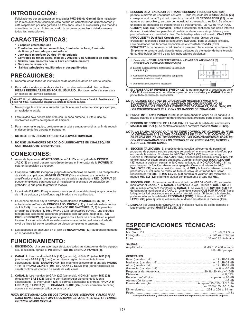 Introducción, Características, Precauiones | Conexiones, Funcionamiento, Especificaciones técnicas | Gemini PMX-500 User Manual | Page 5 / 8