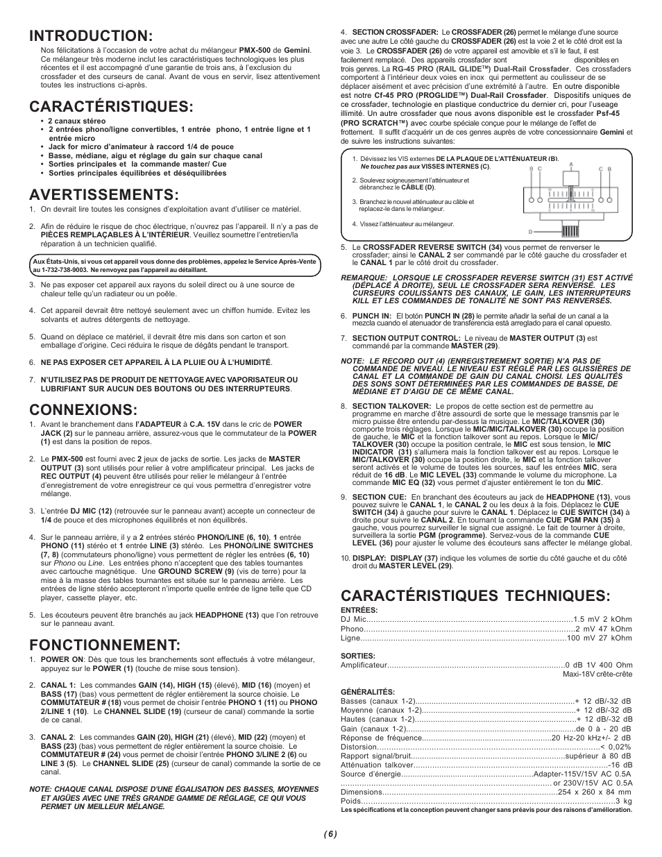 Introduction, Caractéristiques, Avertissements | Connexions, Fonctionnement, Caractéristiques techniques | Gemini PMX-500 User Manual | Page 6 / 8