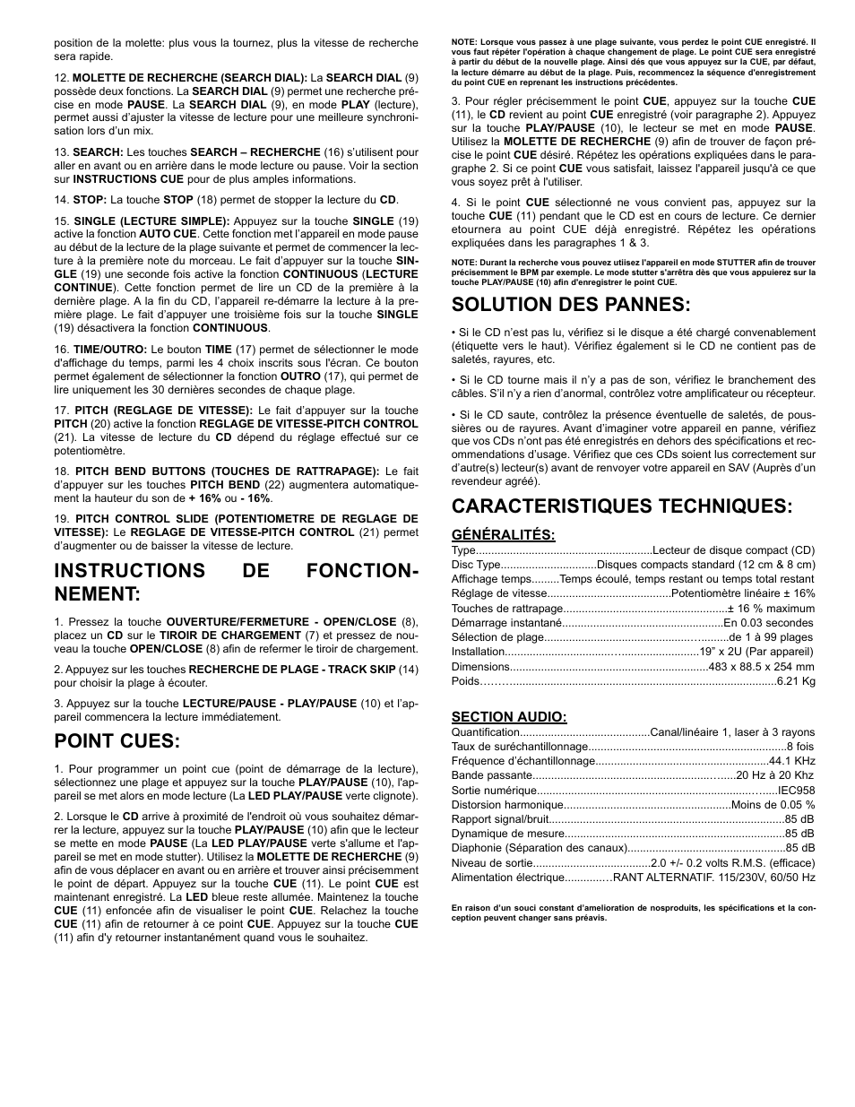 Solution des pannes, Caracteristiques techniques, Instructions de fonction- nement | Point cues | Gemini CDX-02G User Manual | Page 11 / 12