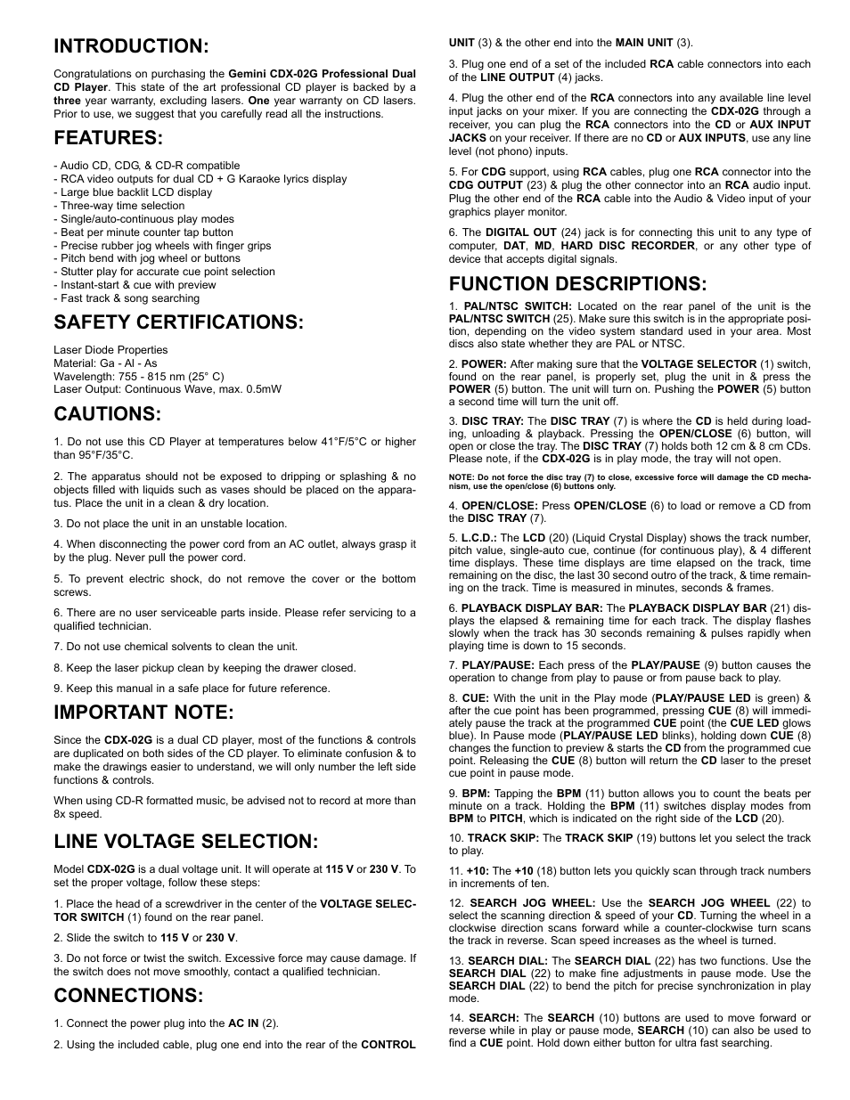 Introduction, Features, Safety certifications | Cautions, Line voltage selection, Connections, Function descriptions | Gemini CDX-02G User Manual | Page 4 / 12
